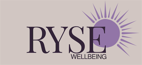 Logo for RYSE Wellbeing with graphic of half a sun on the right side, layered behind it the words.